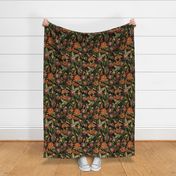 Vintage tropical flowers, exotic fruits,  green Leaves and  colorful antique blossoms, Nostalgic passionflower fabric, - double layer - black