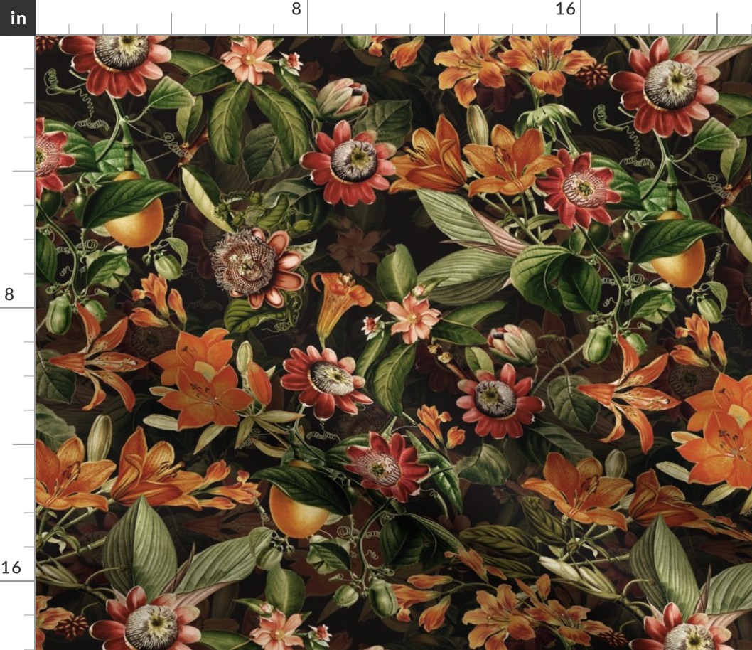 Vintage tropical flowers, exotic fruits,  green Leaves and  colorful antique blossoms, Nostalgic passionflower fabric, - double layer - black