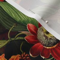 Vintage tropical flowers, exotic fruits,  green Leaves and  colorful antique blossoms, Nostalgic passionflower fabric, - double layer - high contrast black