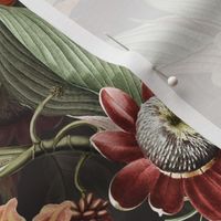 Vintage tropical flowers, exotic fruits,  green Leaves and  colorful antique blossoms, Nostalgic passionflower fabric, - double layer -  sepia tanned black