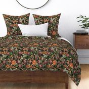 Vintage tropical flowers, exotic fruits,  green Leaves and  colorful antique blossoms, Nostalgic passionflower fabric, - double layer -  sepia tanned black