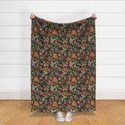 Vintage tropical flowers, exotic fruits,  green Leaves and  colorful antique blossoms, Nostalgic passionflower fabric, - double layer -  sepia tanned black