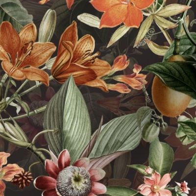 Vintage tropical flowers, exotic fruits,  green Leaves and  colorful antique blossoms, Nostalgic passionflower fabric, - double layer -  sepia tanned black