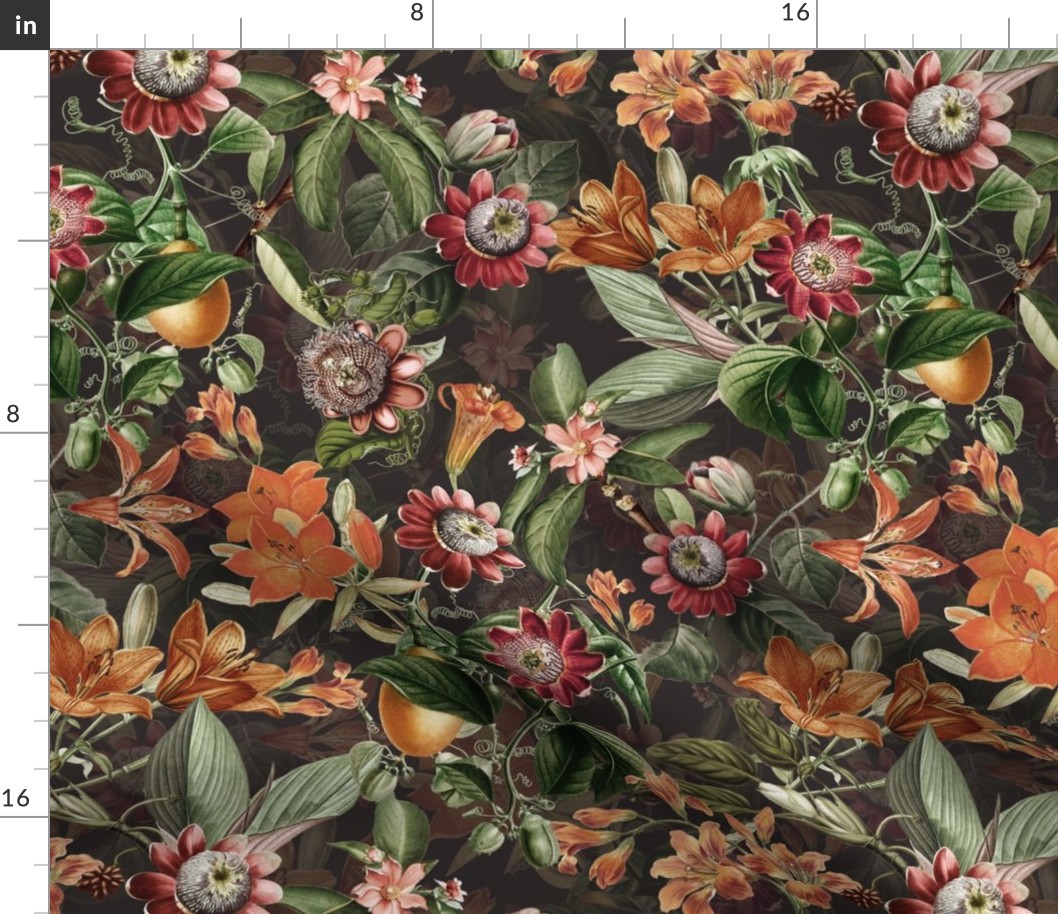 Vintage tropical flowers, exotic fruits,  green Leaves and  colorful antique blossoms, Nostalgic passionflower fabric, - double layer -  sepia tanned black