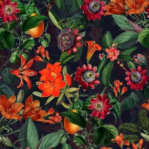 Vintage tropical flowers, exotic fruits,  green Leaves and  colorful antique blossoms, Nostalgic passionflower fabric, - double layer - black stronger contrast