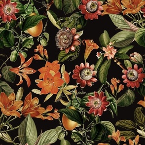 Vintage tropical flowers, exotic fruits,  green Leaves and  colorful antique blossoms, Nostalgic passionflower fabric, - black