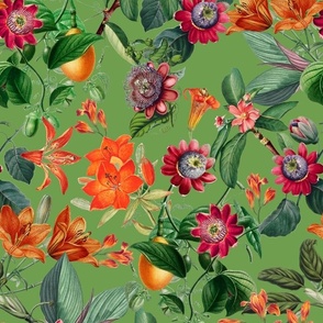 Vintage tropical flowers, exotic fruits,  green Leaves and  colorful antique blossoms, Nostalgic passionflower fabric, - summer green