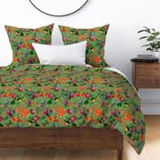 Vintage tropical flowers, exotic fruits,  green Leaves and  colorful antique blossoms, Nostalgic passionflower fabric, - double layer - summer green