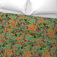 Vintage tropical flowers, exotic fruits,  green Leaves and  colorful antique blossoms, Nostalgic passionflower fabric, - double layer - summer green