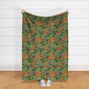 Vintage tropical flowers, exotic fruits,  green Leaves and  colorful antique blossoms, Nostalgic passionflower fabric, - double layer - summer green