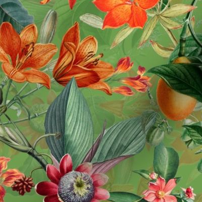 Vintage tropical flowers, exotic fruits,  green Leaves and  colorful antique blossoms, Nostalgic passionflower fabric, - double layer - summer green