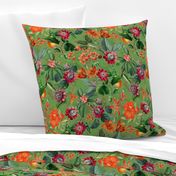 Vintage tropical flowers, exotic fruits,  green Leaves and  colorful antique blossoms, Nostalgic passionflower fabric, - double layer - summer green