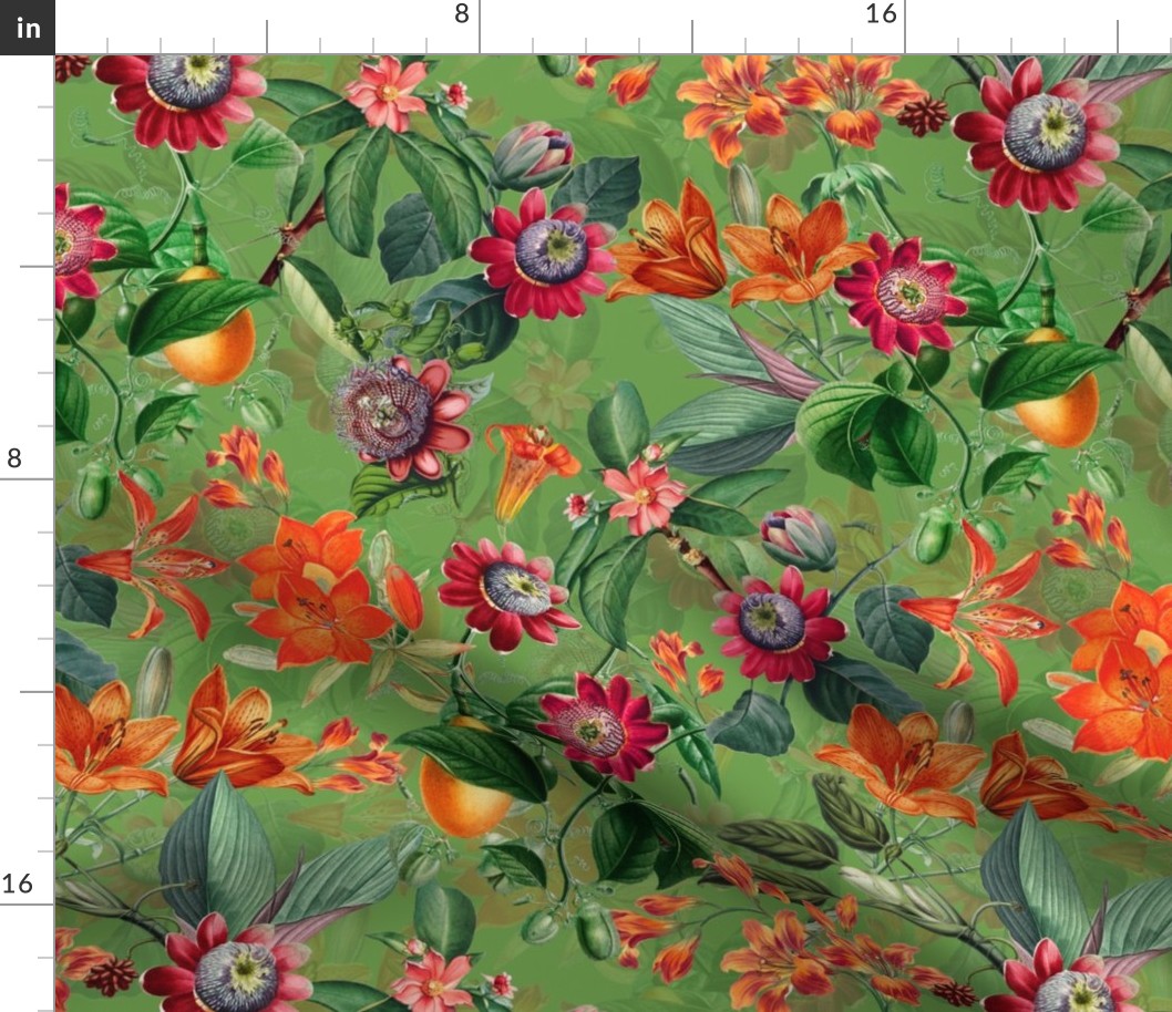 Vintage tropical flowers, exotic fruits,  green Leaves and  colorful antique blossoms, Nostalgic passionflower fabric, - double layer - summer green