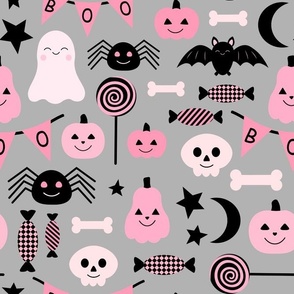Large Scale Happy Haunts Pink and Black Halloween Trick or Treat Ghosts Pumpkins Candy on Grey