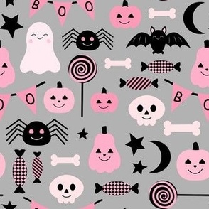 Medium Scale Happy Haunts Pink and Black Halloween Trick or Treat Ghosts Pumpkins Candy on Grey