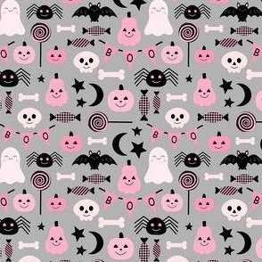 Small Scale Happy Haunts Pink and Black Halloween Trick or Treat Ghosts Pumpkins Candy on Grey