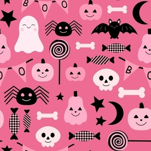 Large Scale Happy Haunts Pink and Black Halloween Trick or Treat Ghosts Pumpkins Candy