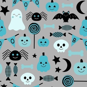 Large Scale Happy Haunts Turquoise Blue and Black Halloween Trick or Treat Ghosts Pumpkins Candy on Grey
