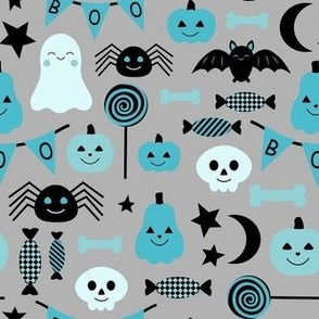 Medium Scale Happy Haunts Turquoise Blue and Black Halloween Trick or Treat Ghosts Pumpkins Candy on Grey