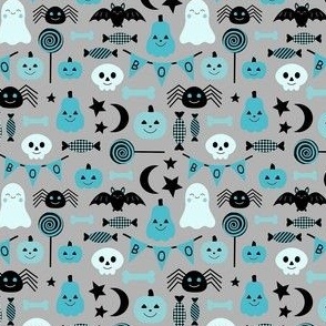 Small Scale Happy Haunts Turquoise Blue and Black Halloween Trick or Treat Ghosts Pumpkins Candy on Grey