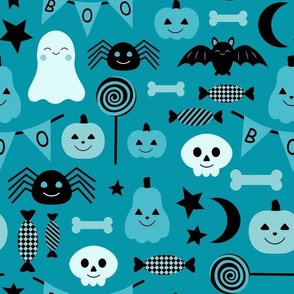 Large Scale Happy Haunts Turquoise Blue and Black Halloween Trick or Treat Ghosts Pumpkins Candy