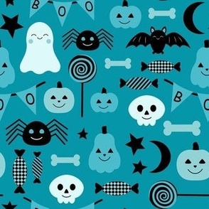 Medium Scale Happy Haunts Turquoise Blue and Black Halloween Trick or Treat Ghosts Pumpkins Candy