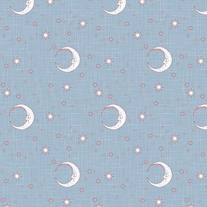 Moon and star nursery in blue and red, baby boy, night sky on linen texture