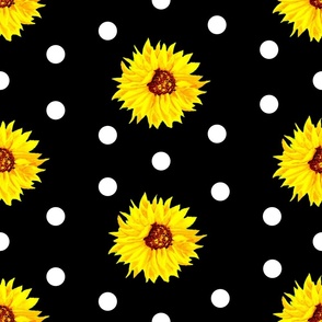 Sunflowers and dots on black