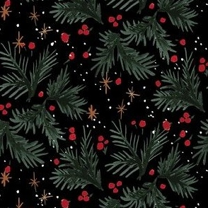 evergreen red berry sprigs and stars-black 6in 