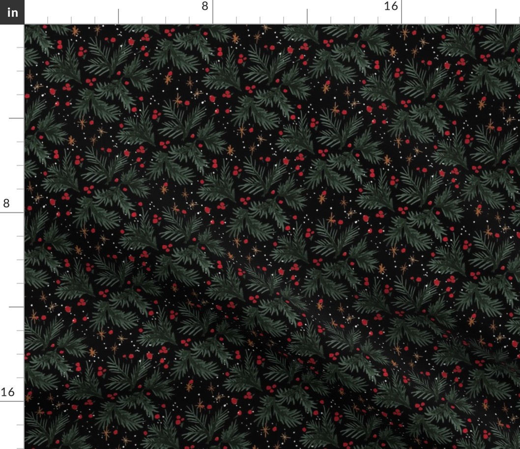 evergreen red berry sprigs and stars-black 6in 