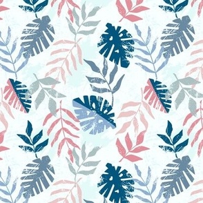 Jungle textured leaves - green pale blue and pink - small scale