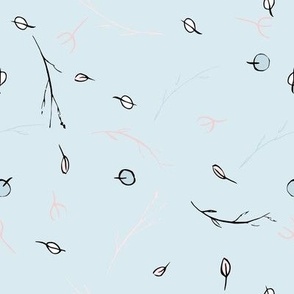 Branches and leaves, black and quartz pink, falling on a baby blue background