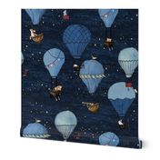 True blue and red hot air balloon drawing night adventure with  woodland animals and whimsical stars