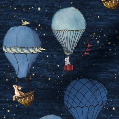 True blue and red hot air balloon drawing night adventure with  woodland animals and whimsical stars