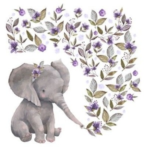 8" q Baby elephant mix and match full lilac blooms Quilt Square