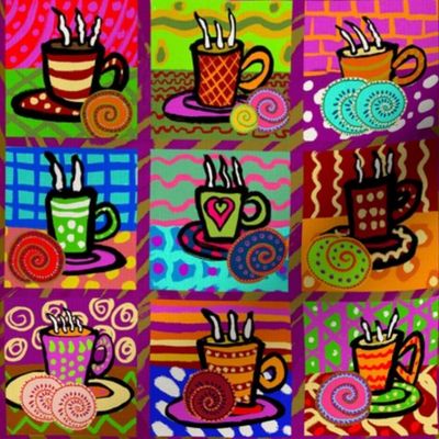 Bright and bold coffee cups and cinnamon rolls hand drawn tiles small 8” repeat