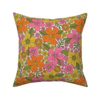 Small-Scale Retro 1960s/1970s Pink, Yellow & Orange Floral