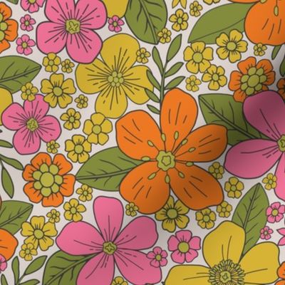 Small-Scale Retro 1960s/1970s Pink, Yellow & Orange Floral
