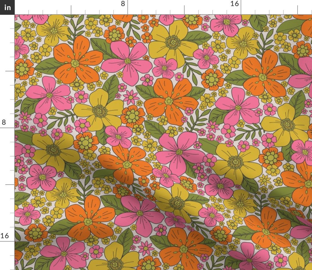 Small-Scale Retro 1960s/1970s Pink, Yellow & Orange Floral