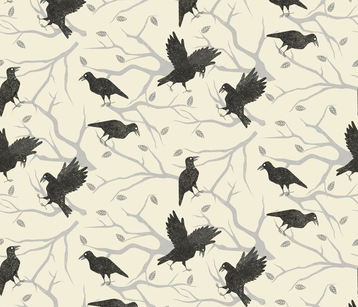 Black ravens stamped on a cream background.