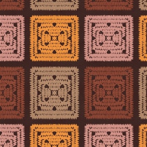Retro crochet squares. Brown, Orange and pink. Granny square crochet. Chocolate tones. Horizontal.