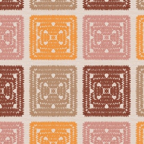 Retro crochet squares. Brown, Orange and pink. Granny square crochet. Milk chocolate tones.