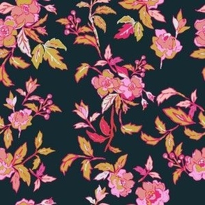 small // Vintage Floral Romantic Roses in Bright Pink and Ochre on Navy Blue // 6”