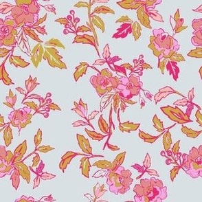 small // Vintage Floral Romantic Roses in Bright Pink and Ochre on Pale Sky Blue // 6”