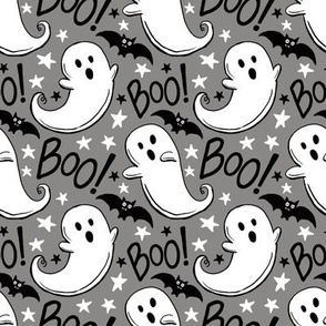 cute hand-drawn halloween ghosts gray, halloween fabric