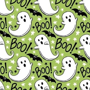cute hand-drawn halloween ghosts light green, halloween fabric