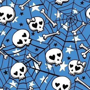 cute hand-drawn skulls halloween blue, Halloween fabric
