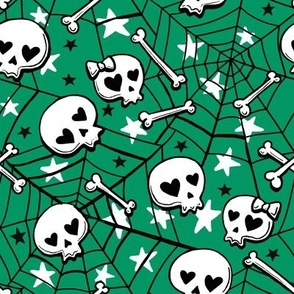 cute hand-drawn skulls halloween green, Halloween fabric