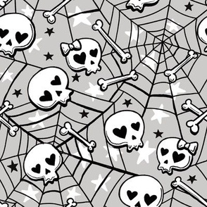 cute hand-drawn skulls halloween light gray , Halloween fabric