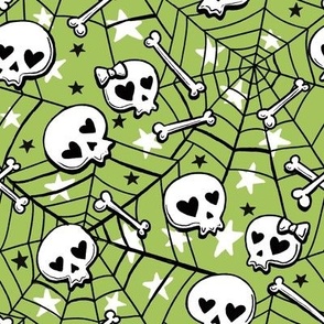 cute hand-drawn skulls halloween light green, Halloween fabric